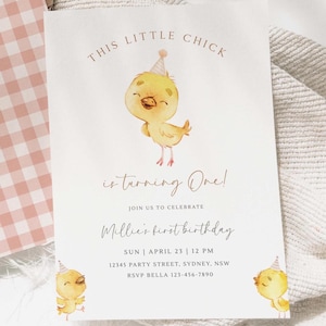 Little Chick Birthday Party Invitation, Editable Cute Chick B&#39;day Invite, Minimalist Girl Chicken 1st Birthday Party, Digital Download