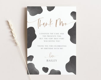Cow Thank You Card, Editable Template, Holy Cow I'm One, Gender Neutral Minimalist Cow Birthday Party Thank Moo Note, Digital Download