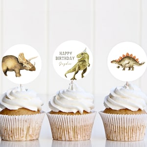 Dinosaur Cupcake Toppers, Editable Template, T-Rex Birthday Cupcake Toppers, Stegosaurus Birthday Party Cake Decorations, Digital Download