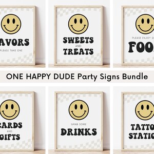 May include: A set of six printable party signs featuring a smiling face and retro-style text. The signs include "Favors", "Cards and Gifts", "Drinks", "Food", "Sweets and Treats", and "Tattoo Station".