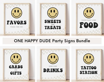 One Happy Dude Birthday Party Signs Bundle, Muted Two Cool Party Signs, Retro Smile Face Party Decor, Food Drink Signs, Digital Download