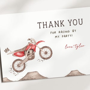 Red Dirt Bike Thank You Card, Editable Template, Motorcycle Birthday Thank You Note, Dirt Bike Party Favor Thank You Card, Digital Download