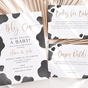 Holy Cow Baby Shower Invitation, Editable Template, Cow Themed Baby Shower Invite, Books For Baby & Diaper Raffle Set, Digital Download image 4