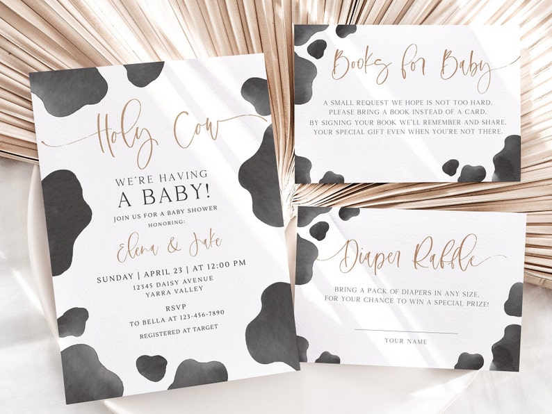 Holy Cow Baby Shower Invitation, Editable Template, Cow Themed Baby Shower Invite, Books For Baby & Diaper Raffle Set, Digital Download image 4