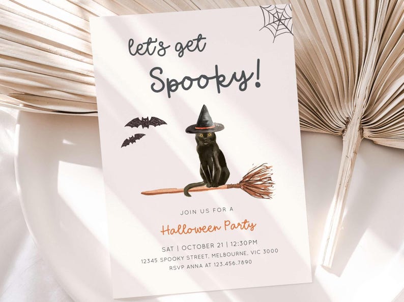 May include: Halloween party invitation with a black cat wearing a witch hat and riding a broom. The invitation reads "let's get Spooky!" with bats and a spiderweb graphic. Includes party details.
