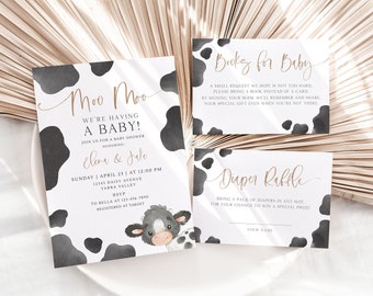 May include: A black and white cow print baby shower invitation with gold text. The invitation says "Moo Moo We're Having A Baby!" and includes the names "Elena & Jake". The invitation also includes details about the shower, such as the date, time, location, and RSVP information. There are two additional cards with cow print backgrounds. One card says "Books for Baby" and the other says "Diaper Raffle".
