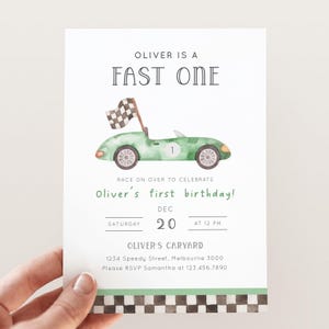 Fast One Green Race Car Invitation, Editable Vintage Green Car Party Invite, Boy 1st Birthday Fast One Race Car B&#39;day, Digital Download