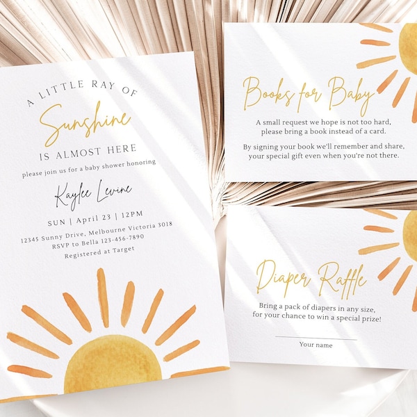 Sunshine Baby Shower Invitation, Editable Template, Little Sunshine Baby Shower Invite, Books For Baby & Diaper Raffle Set, Digital Download