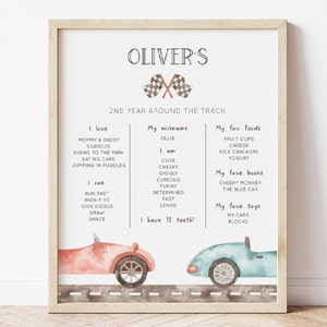 May include: A printable chart for a child's second birthday, featuring a race car theme. The chart lists things the child loves, can do, and their favorite foods, books, and toys. The text includes "Oliver's 2nd Year Around the Track".