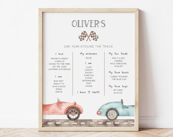 May include: A printable chart for a child's second birthday, featuring a race car theme. The chart lists things the child loves, can do, and their favorite foods, books, and toys. The text includes "Oliver's 2nd Year Around the Track".