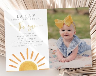 Editable First Trip Around The Sun Invitation with Photo, Gender Neutral Sun 1st Birthday, Modern Sunshine B'day Invite, Digital Download