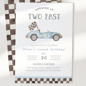 Editable TWO Fast Birthday Invitation, Race Car 2nd Birthday Invite, Baby Blue Vintage Racing Car, Printable Template, Digital Download