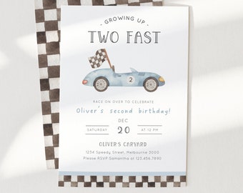Editable TWO Fast Birthday Invitation, Race Car 2nd Birthday Invite, Baby Blue Vintage Racing Car, Printable Template, Digital Download