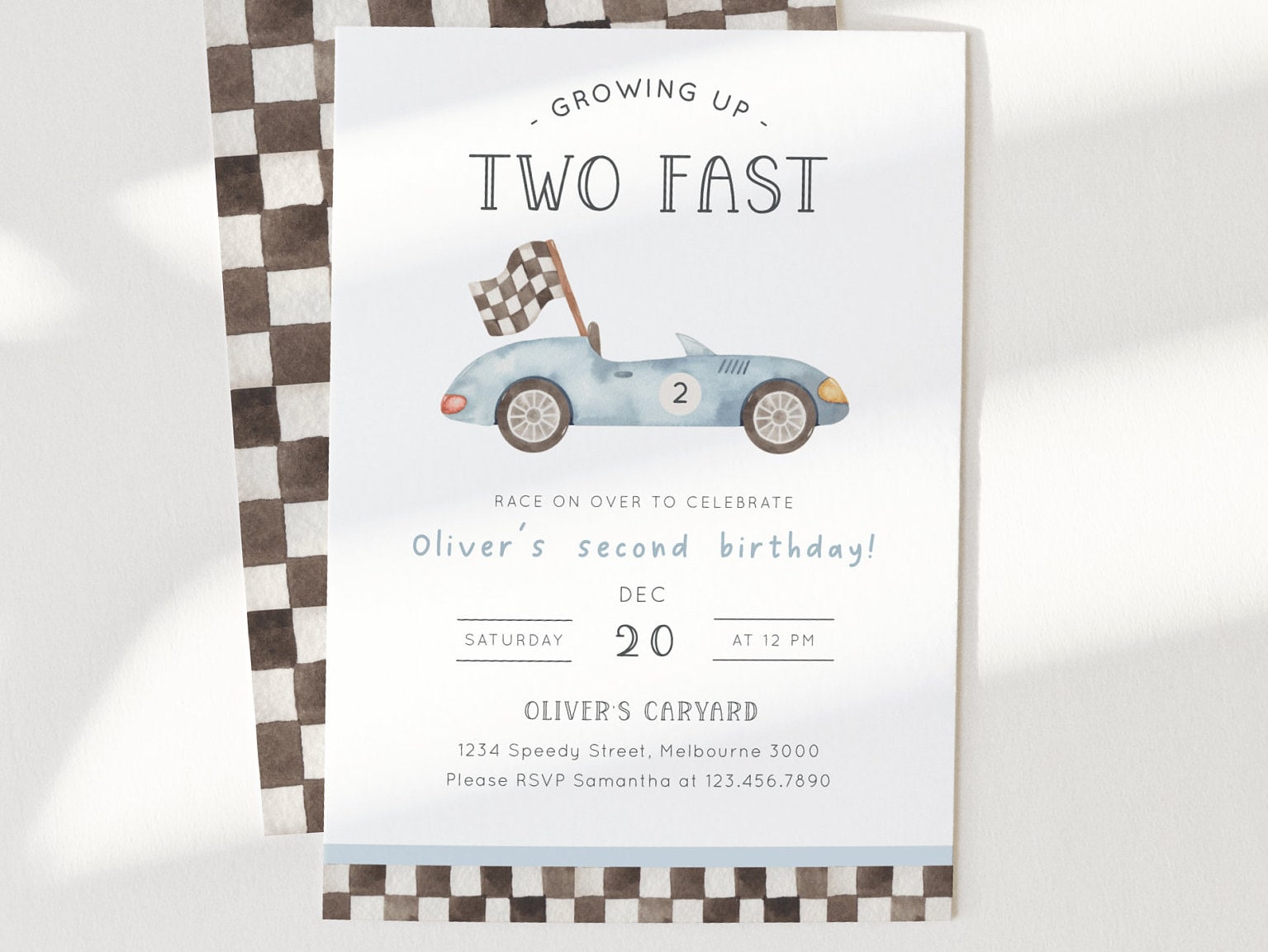 Editable TWO Fast Birthday Invitation, Race Car 2nd Birthday Invite, Baby Blue Vintage Racing Car, Printable Template, Digital Download