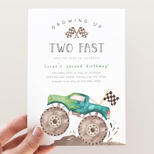 TWO Fast Monster Truck Birthday Invitation, Editable Template, Green Monster Truck B&#39;day Invite, Growing Up 2 Fast Party, Digital Download