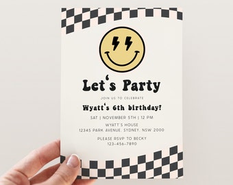 Let's Party Smiley Face Birthday Invitation, Modèle modifiable, Retro Let's Party Invite, Any Age Happy Face B'day Invite, Téléchargement numérique