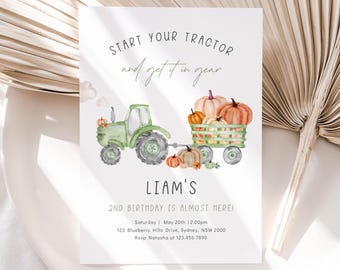 May include: A green tractor with a wagon full of pumpkins. The text "Start your tractor and get it in gear" is at the top of the invitation. The text "Liam's 2nd Birthday is almost here!" is at the bottom of the invitation. The invitation also includes the date, time, address, and RSVP information.