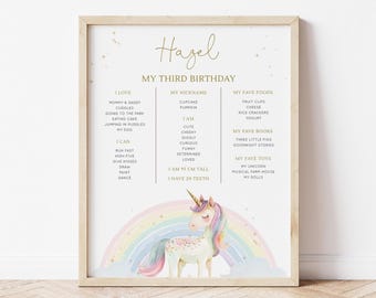 May include: A framed print for a third birthday, featuring the name "Hazel" in gold script. The print includes a list of favorites, a unicorn, and a rainbow. The text includes "I am 95 cm tall" and "I have 20 teeth."