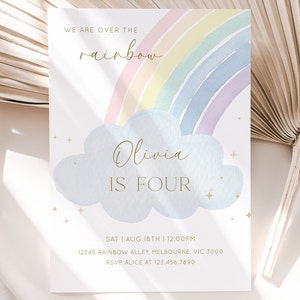 Pastel Rainbow Birthday Invitation, Editable Girl Rainbow & Cloud Birthday Party Invite, Over The Rainbow Any Age B'day, Digital Download