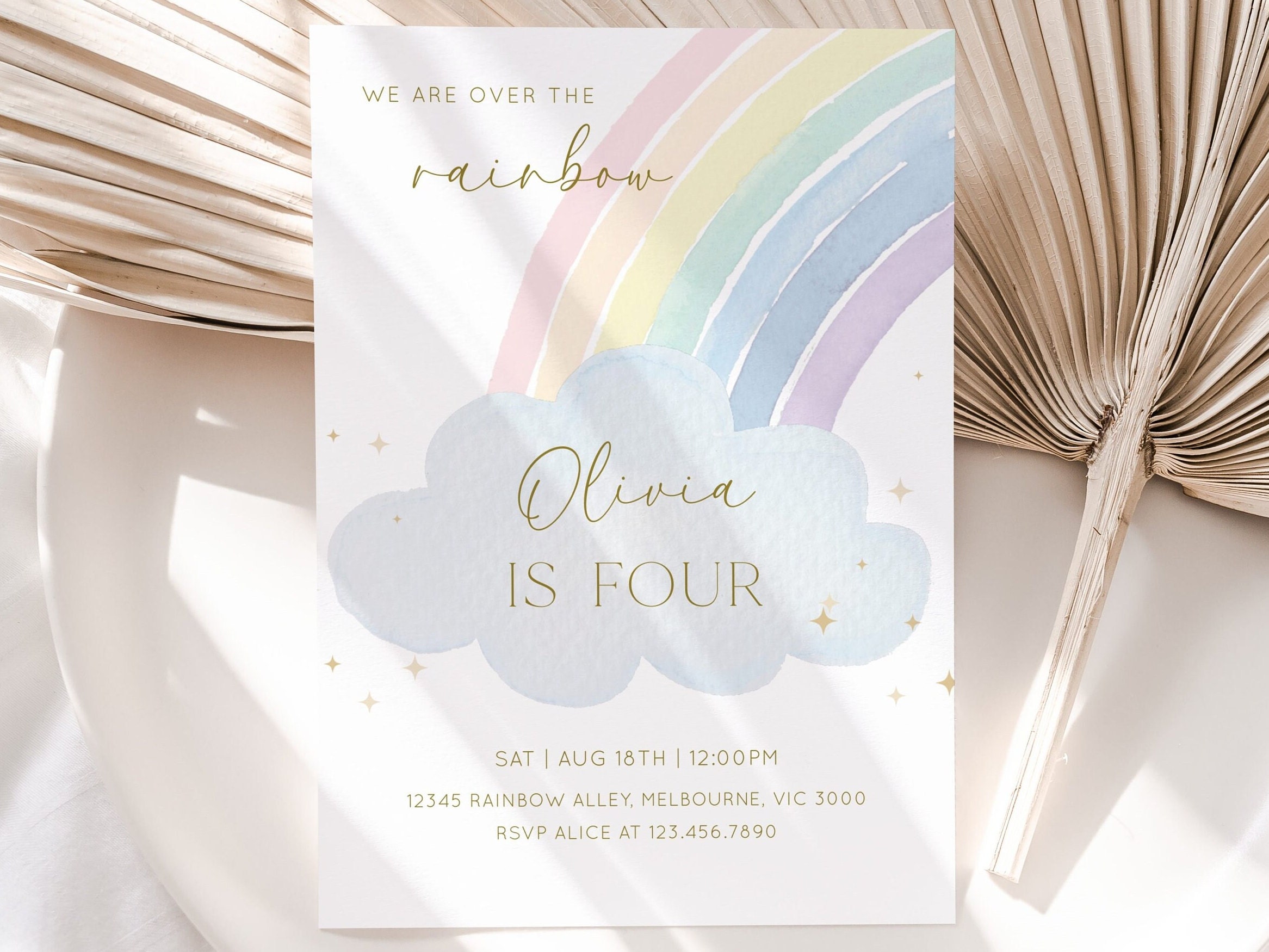 Pastel Rainbow Birthday Invitation, Editable Girl Rainbow & Cloud Birthday Party Invite, Over The Rainbow Any Age B'day, Digital Download