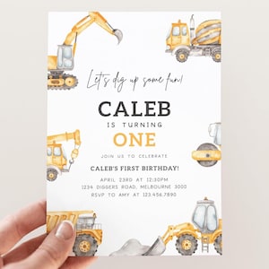 Invito per il primo compleanno a tema "costruzione", modificabile per qualsiasi età, per la festa di compleanno di camion da costruzione, per la festa di compleanno di un bambino con escavatore, download digitale