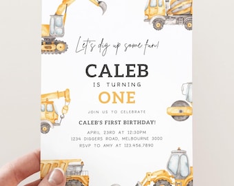 Construction 1st Birthday Invitation, Editable Any Age Construction Trucks B'day Party Invite, Boy Digger B'day Party, Digital Download