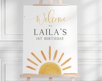 Sunshine 1st Birthday Welcome Sign, Editable Template, Boho Sun First Birthday Party Signs, Little Sunshine B'day Decor, Digital Download