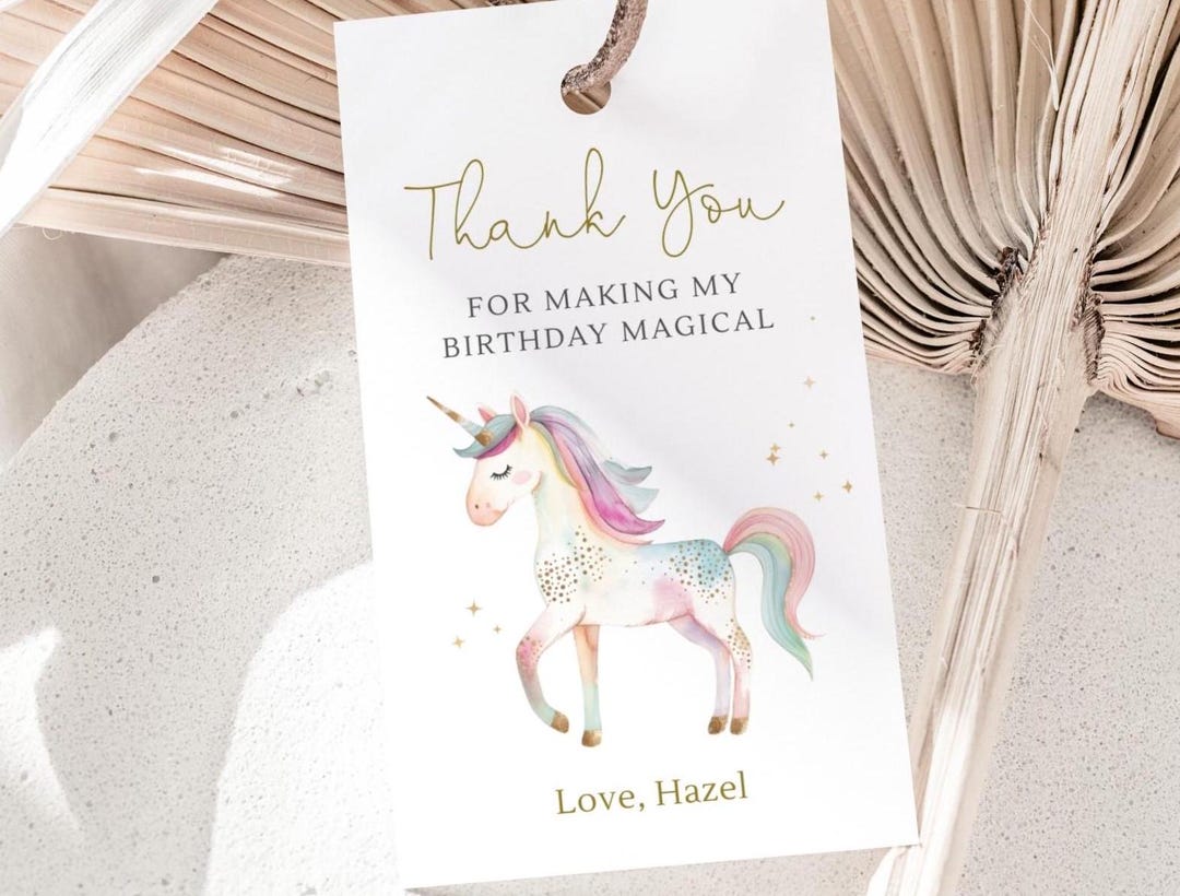 Unicorn Thank You Tag, Editable Pastel Unicorn Birthday Party Tag ...