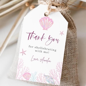 Etiqueta de agradecimento Shellebrate, etiqueta de lembrancinha de aniversário Let's Shellebrate editável, etiqueta de aniversário de concha do mar Girl Under The Sea, download digital