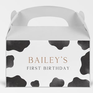 Editable Cow Gable Box Label, Cow Birthday Goodie Box Sticker, Any Age Boho Cow Party Favors, Cow Farm B&#39;day Party, Digital Download