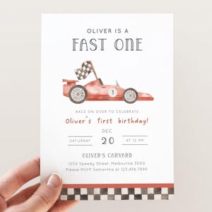 Fast ONE Invitation, Editable Car 1st Birthday Invitation, Racing Car First B&#39;day Invite Template, Red Racing Car Invite, Digital Download