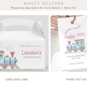 May include: A printable set of favor box labels and thank you tags featuring a blue and red train with white clouds. The text on the box label reads "Thank Choo for coming to Landon's 2nd Birthday". The text on the thank you tag reads "Chugga Chugga Thank Choo for celebrating with me! Love, Landon".