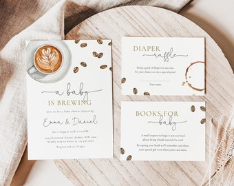 Coffee Baby Shower Invitation, Editable A Baby Is Brewing Invite, Diaper Raffle Books for Baby Card, Coffee Beans Invite, Digital Download