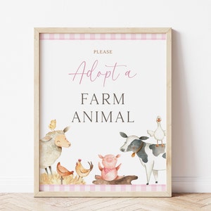 May include: A printable sign with a pink and white gingham border that says "Please Adopt a Farm Animal". The sign features watercolor illustrations of a pig, cow, sheep, chicken, and goose.
