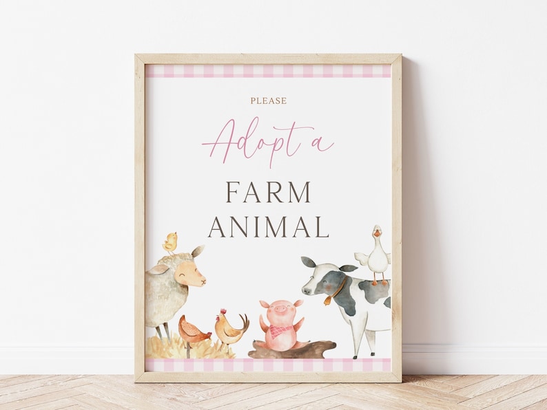 May include: A printable sign with a pink and white gingham border that says "Please Adopt a Farm Animal". The sign features watercolor illustrations of a pig, cow, sheep, chicken, and goose.