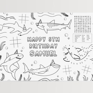 Editable Sharks Party Activity & Coloring Page, Printable Kids Under The Sea Sharks Birthday Party Placemat, Jawsome B&#39;day, Digital Download
