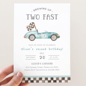 Opgroeien twee snelle verjaardagsuitnodiging, bewerkbare jongen 2e verjaardag raceauto uitnodigen, vintage racewagen tweede verjaardagsfeestje, digitale download