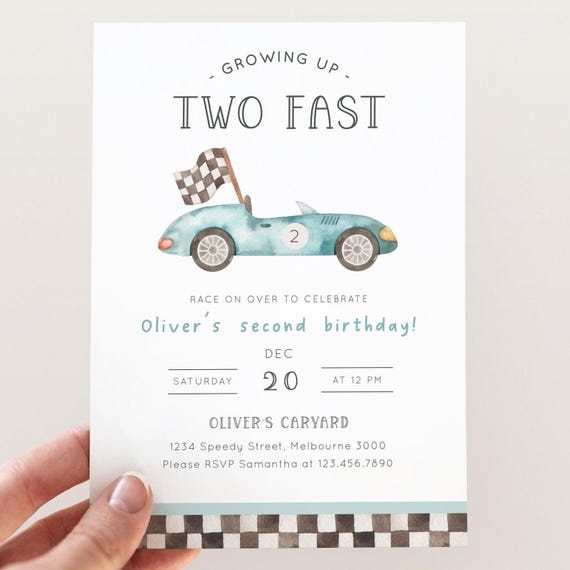 Growing Up TWO Fast Birthday Invitation, Editable Boy 2nd B'day Race Car Invite, Vintage Racing Car Second B'day Party, Digital Download