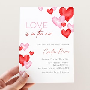 Love Is In The Air Bridal Shower Invitation, Editable Valentines Bridal Party Invite, Red Pink Heart February Bridal Shower Digital Download