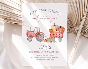 May include: Watercolor-style invitation with a red tractor pulling a wagon filled with pumpkins. The text reads "Start your tractor and get it in gear" and "Liam's 2nd birthday is almost here!" with event details.
