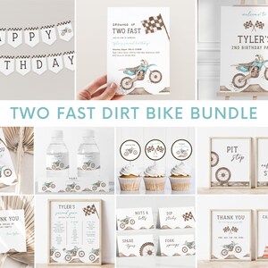 Two Fast Dirt Bike Birthday Invitation Bundle, Editable Template, Blue Racing Bike 2nd B&#39;day Party Invite Signs Decor, Digital Download