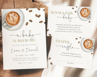 A Baby Is Brewing Coffee Invitation, Editable Coffee Themed Baby Shower Invite Diaper Raffle Books for Baby Card Bundle, Digital Download