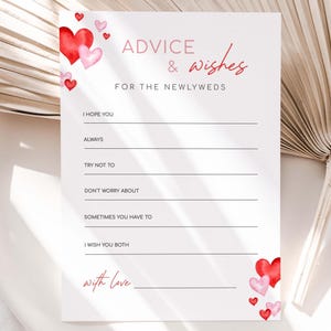 Conseils pour la carte des jeunes mariés, conseils de mariage modifiables pour la Saint-Valentin pour les jeunes mariés, carte de voeux pour la douche nuptiale coeurs rouges, téléchargement numérique