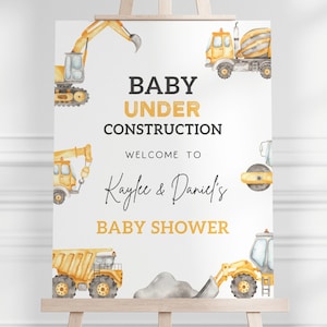 Cartello di benvenuto "Baby Under Construction", cartello di benvenuto modificabile per baby shower con tema "Costruzioni", decorazioni per baby shower con camion da costruzione, download digitale