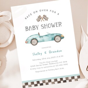 Editable Racing Car Baby Shower Invitation, Vintage Race Car Baby Shower Invite, Blue Racing Car Shower, Baby Boy Shower, Digital Download