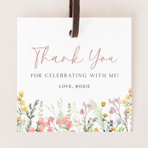 Editable Wildflower Thank You Tag, Floral Birthday Party Favors Tag, Spring Wildflowers B&#39;day Thank You Tag Decor, Digital Download