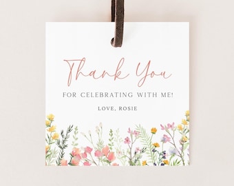 Editable Wildflower Thank You Tag, Floral Birthday Party Favors Tag, Spring Wildflowers B'day Thank You Tag Decor, Digital Download