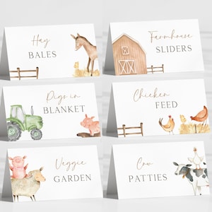 Editable Farm Animals Birthday Food Tents, Beige Barn Party Food Labels, Muted Barnyard B&#39;day Party Table Decoration, Digital Download