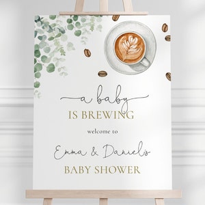 A Baby is Brewing Baby Shower Welcome Sign, Editable Template, Greenery Coffee Themed Baby Shower, Gender Neutral Shower, Digital Download