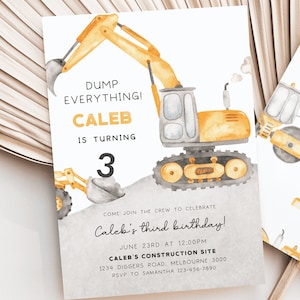 Zaproszenie na 3 urodziny Construction, edytowalny szablon, zaproszenie na imprezę Excavator Truck, impreza Digger Truck na 3 urodziny, pobieranie cyfrowe